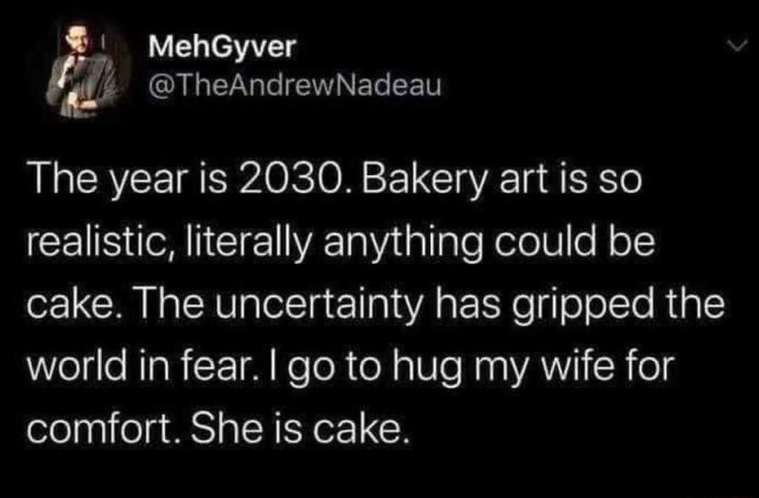 MehGyver CALELG T IE NET R The year is 2030 Bakery art is so CEIS A Tl aleRelele N oI cake The uncertainty has gripped the WelieNIaR E M NeToR oM alle Nas AU Rolg comfort She is cake