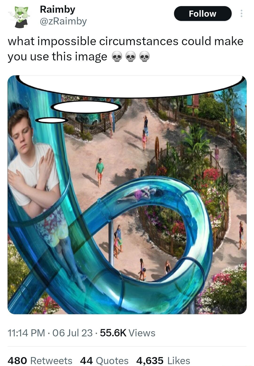 g D zRaimby what impossible circumstances could make you use this image e e 1114 PM 06 Jul 23 556K Views 480 Retweets 44 Quotes 4635 Likes