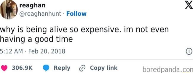 reaghan X reaghanhunt Follow why is being alive so expensive im not even having a good time 512 AM Feb 20 2018 6 3069k Reply Copy link boredpandacon