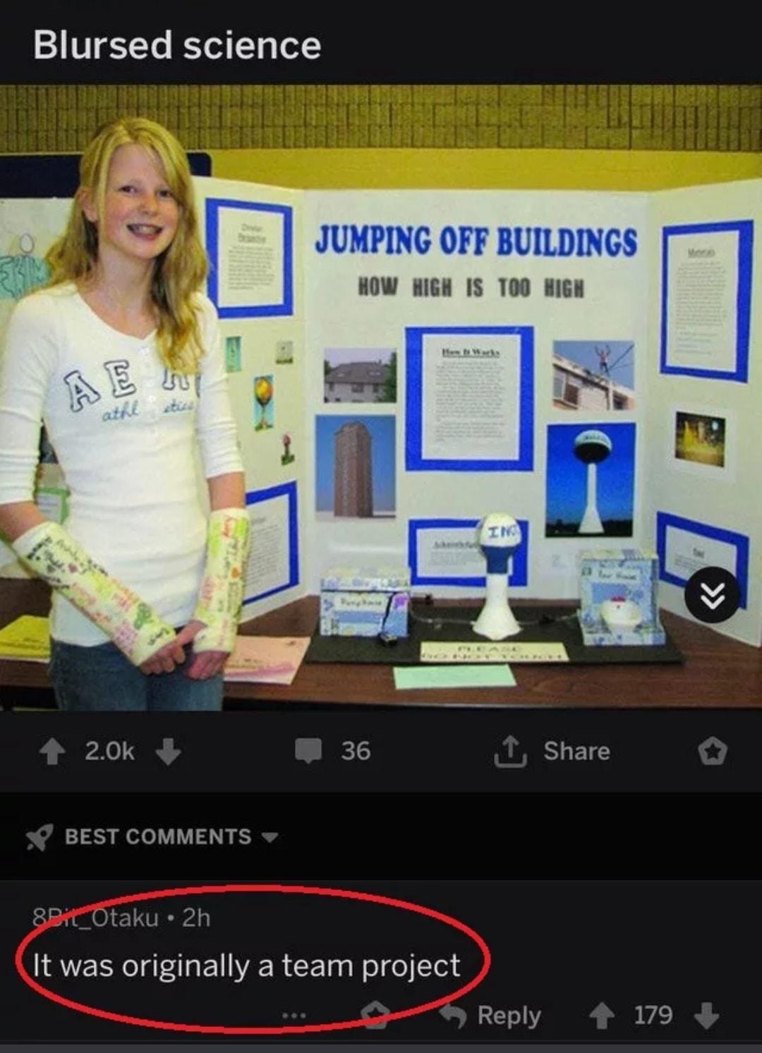 s vladrichdemaclant 20 Blursed science JUMPING OFF BUILDINGS HOW HIGH IS T00 WGH o e 20k 36 Share BEST COMMENTS USUENI LENERCE R g Reply G e Qo share