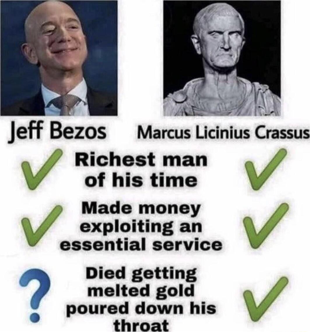 v A L 1 jeff Bezos Marcus Licinius Crassus Richest man V of his time Made money V exploiting an V essential service throat