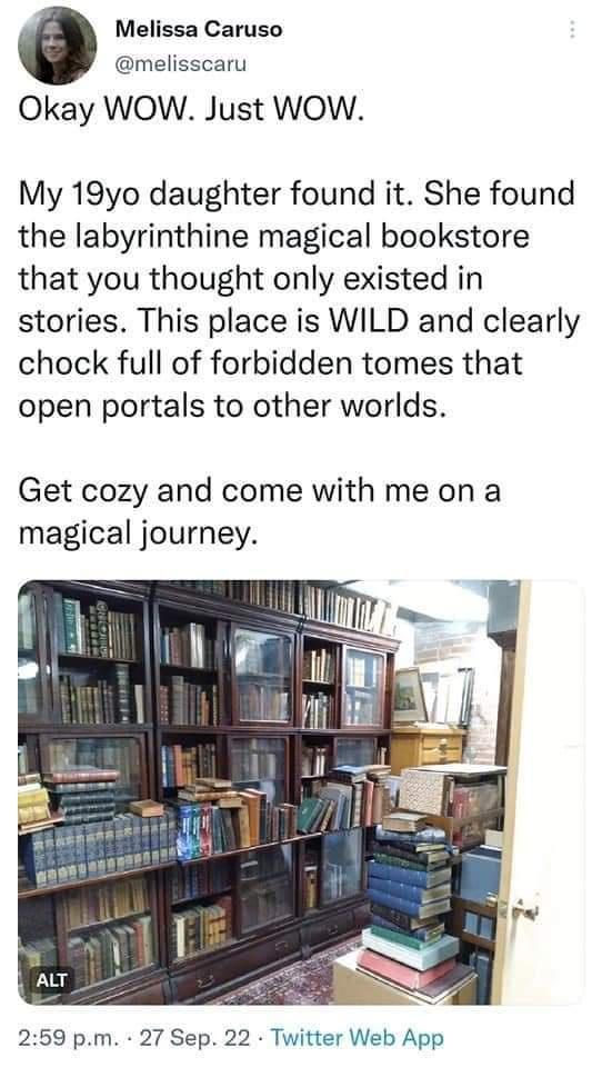 Melissa Caruso melisscaru Okay WOW Just WOW My 19yo daughter found it She found the labyrinthine magical bookstore that you thought only existed in stories This place is WILD and clearly chock full of forbidden tomes that open portals to other worlds Get cozy and come with me on a magical journey 259 pm 27 Sep 22 Twitter Web App