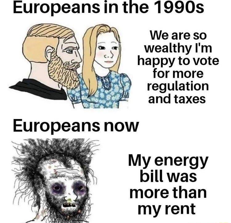 Europeans in the 1990s 7 Zz P We are so wealthy Im happy to vote for more regulation and taxes Europeans now My energy bill was more than my rent
