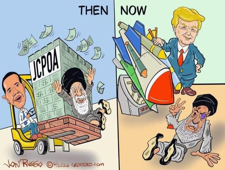THEN, NOW, JCPOA. The cartoon depicts Barack Obama providing financial aid to Iran through the JCPOA, while Donald Trump is shown confronting Iran's missile program, leaving the Iranian cleric defeated.