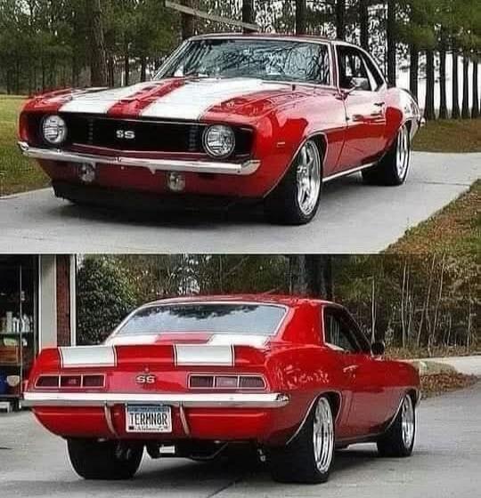 SS badges on grille. License plate reads: TERNNOR. Front view shows red with white racing stripes; rear view shows dual white stripes and classic muscle-car styling.