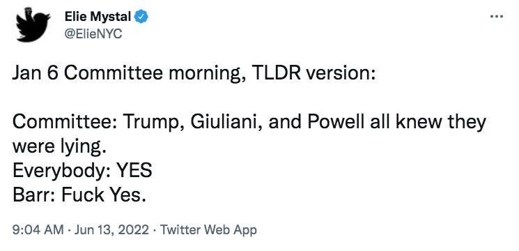 Elie Mystal ElieNYC Jan 6 Committee morning TLDR version Committee Trump Giuliani and Powell all knew they were lying Everybody YES Barr Fuck Yes 904 AM Jun 13 2022 Twitter Web App