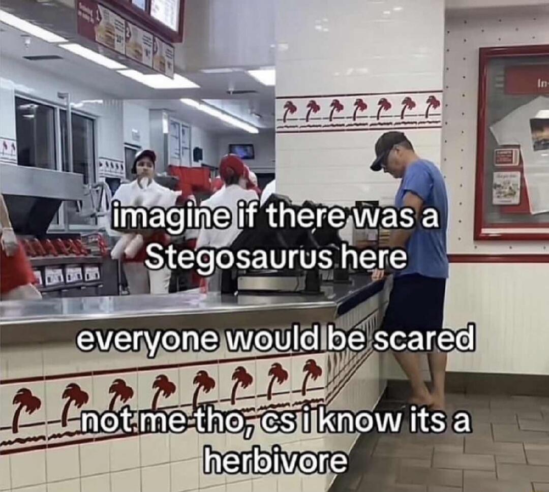 Imagine if there was a Stegosaurus here
everyone would be scared
not me tho, cs i know its a herbivore