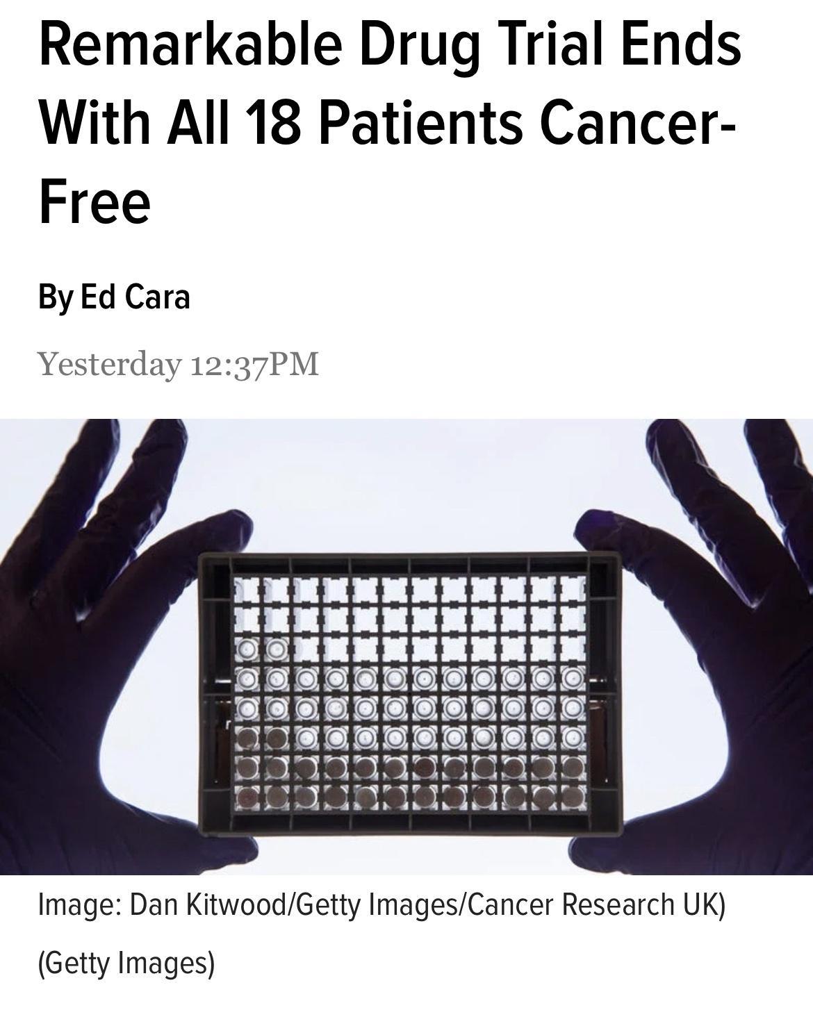 Remarkable Drug Trial Ends With All 18 Patients Cancer Free By Ed Cara Yesterday 1237PM CleE e e e e OeeEMa 0 B3 00N lss 6 oioiob Ciciol Slaials NIt Image Dan KitwoodGetty ImagesCancer Research UK Getty Images