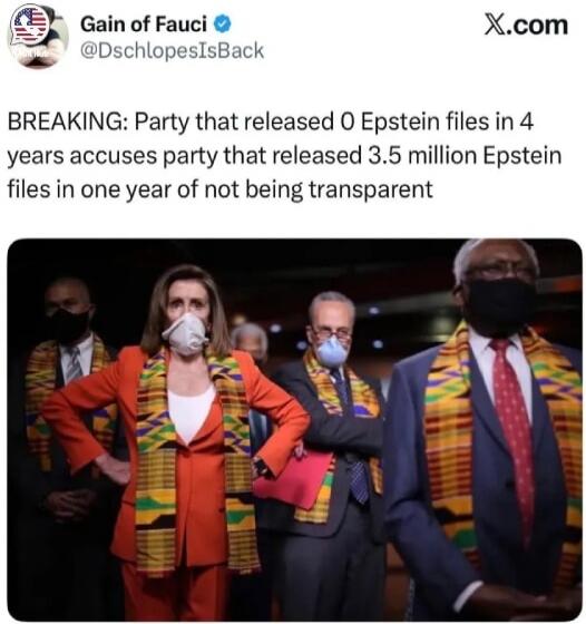 BREAKING: Party that released 0 Epstein files in 4 years accuses party that released 3.5 million Epstein files in one year of not being transparent