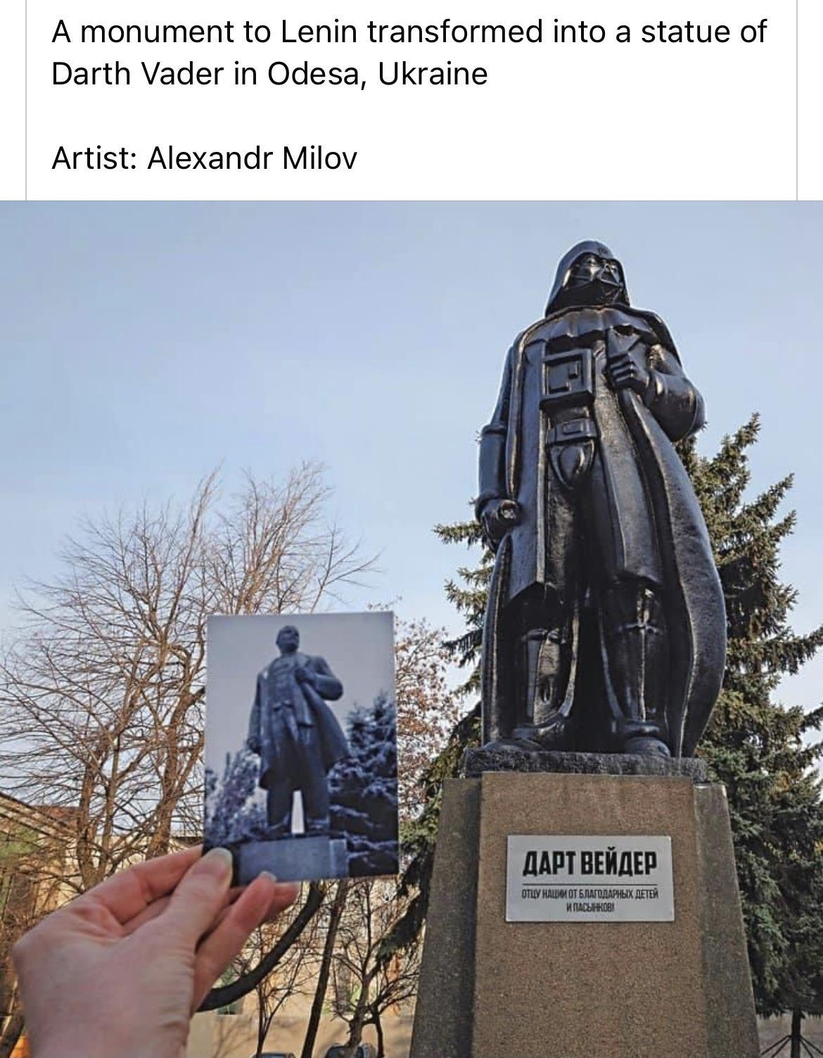 Gunduz Aghayev is in Odessa Ukraine 2d Q A monument to Lenin transformed into a statue of Darth Vader in Odesa Ukraine Artist Alexandr Milov