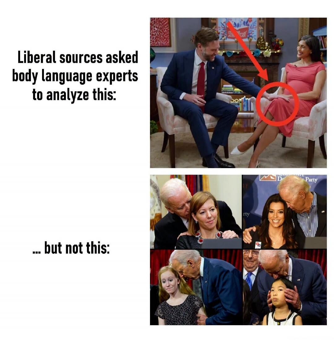 Liberal sources asked body language experts to analyze this: A man (Ben Shapiro) is shown touching a woman's arm/hand during an interview. ... but not this: Multiple images of Joe Biden in close physical proximity to various women and girls, some appearing to show discomfort.