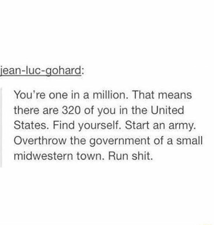 jean luc gohard Youre one in a million That means there are 320 of you in the United States Find yourself Start an army Overthrow the government of a small midwestern town Run shit