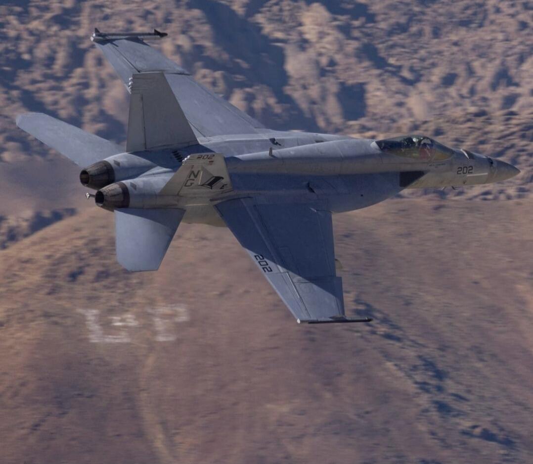 A military jet, likely an F/A-18 Super Hornet, flying over a desert mountainous landscape. The aircraft has the number '202' visible on its tail, wing, and nose, and 'NG' and 'E' on its tail. Faint 'LP' letters are visible on the ground below.