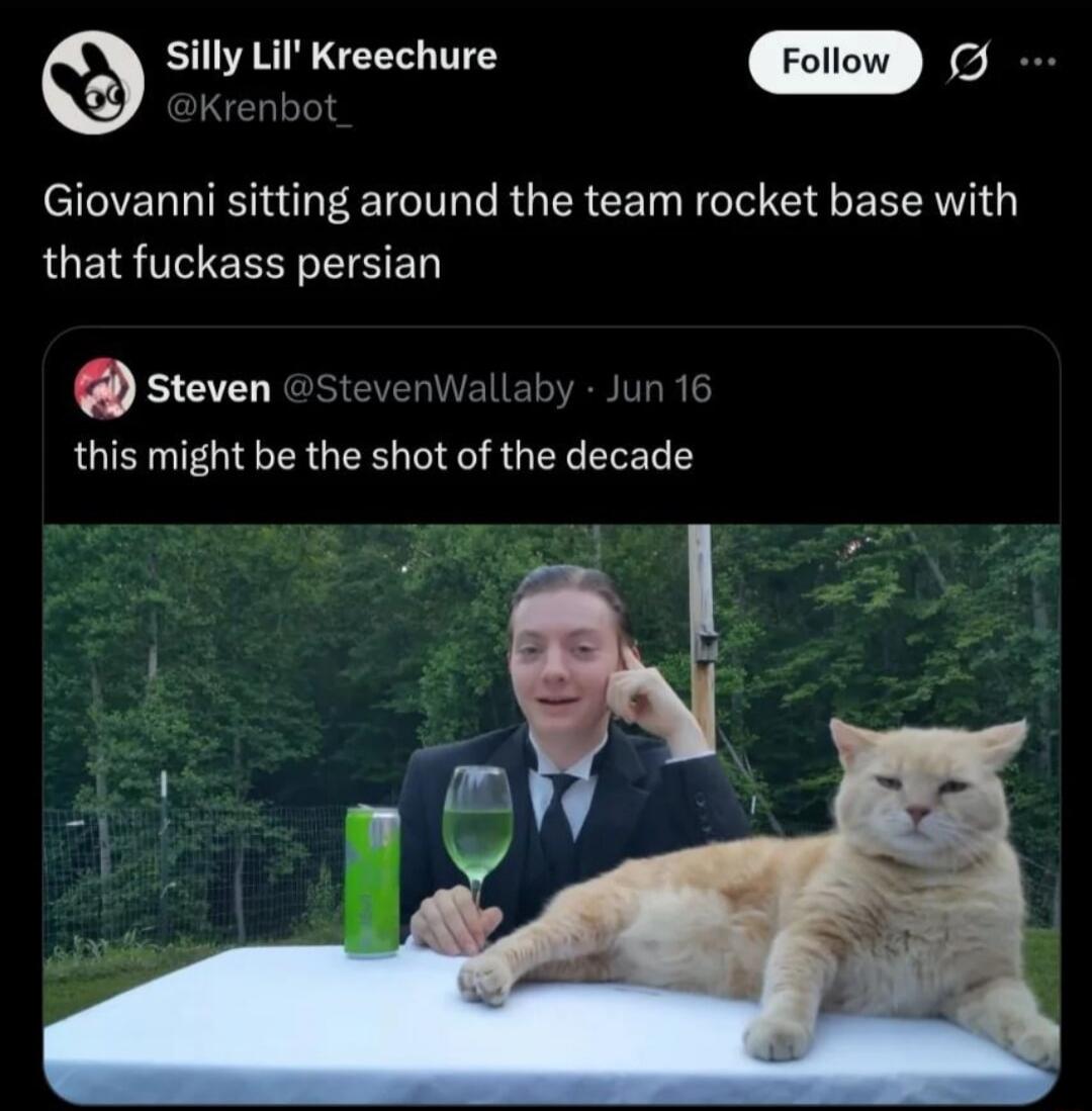 Silly Lil' Kreechure @Krenbot_ Follow Giovanni sitting around the team rocket base with that fuckass persian Steven @StevenWallaby · Jun 16 this might be the shot of the decade