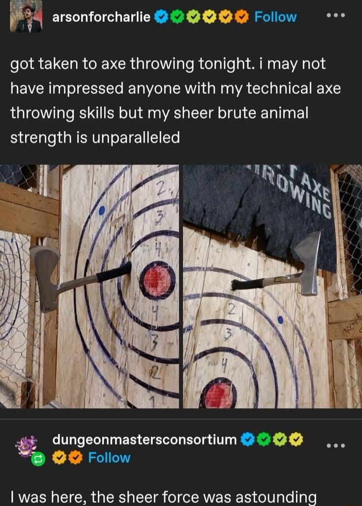 e pa arsonforcharlie S ELCHRCIEVER G e R telalle 1 AN VAL Told have impressed anyone with my technical axe throwing skills but my sheer brute animal RUCHGESIVLTETEI _ dungeonmastersconsortium Q i3 Follow was here the sheer force was astounding