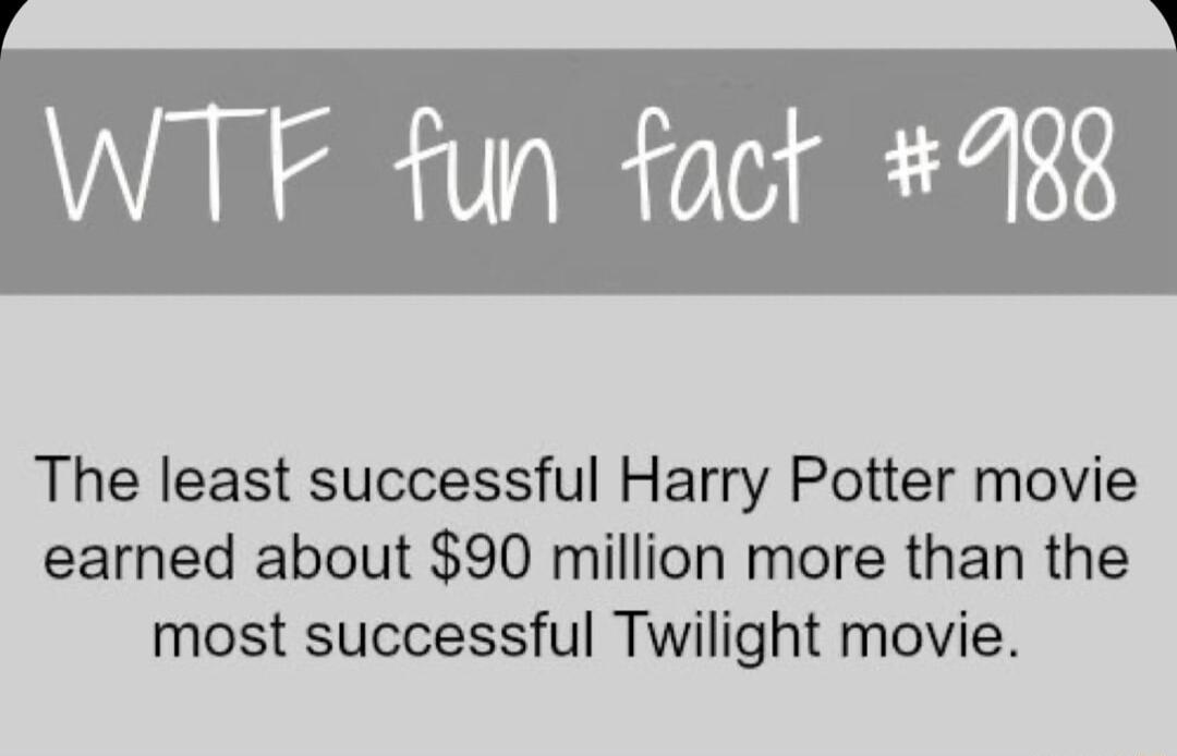 WTF fun fact 9388 The least successful Harry Potter movie earned about 90 million more than the most successful Twilight movie