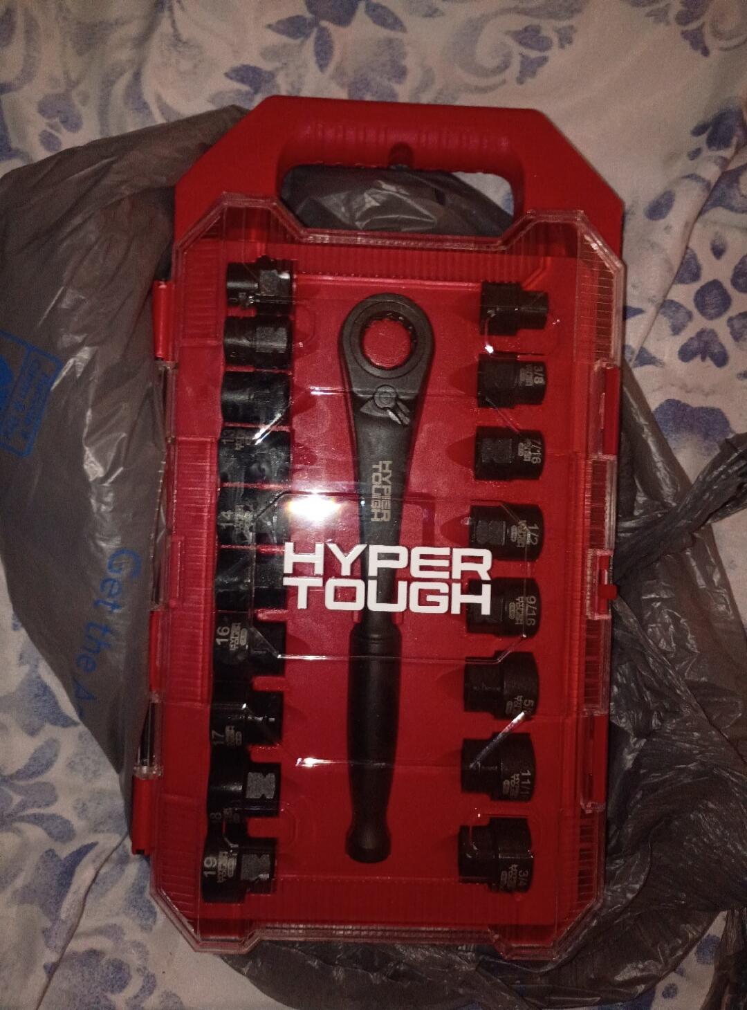 HYPER TOUGH. Socket sizes: 16, 17, 19, 3/8, 7/16, 1/2, 9/16, 5/8, 11/16, 3/4. Get the A.