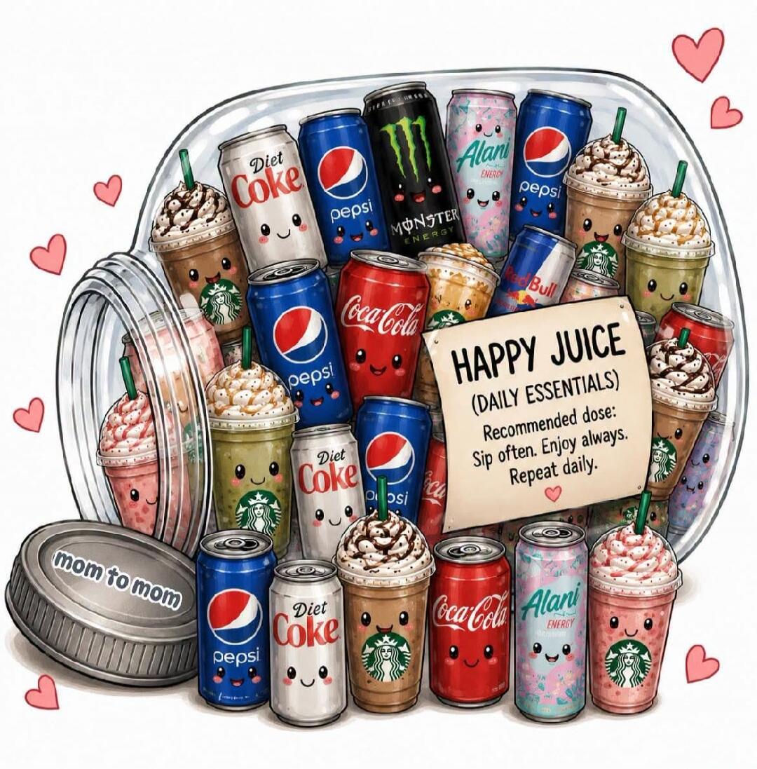 Diet Coke, Pepsi, Monster Energy, Alani Energy, Coca-Cola, Red Bull. HAPPY JUICE (DAILY ESSENTIALS) Recommended dose: Sip often. Enjoy always. Repeat daily. mom to mom.