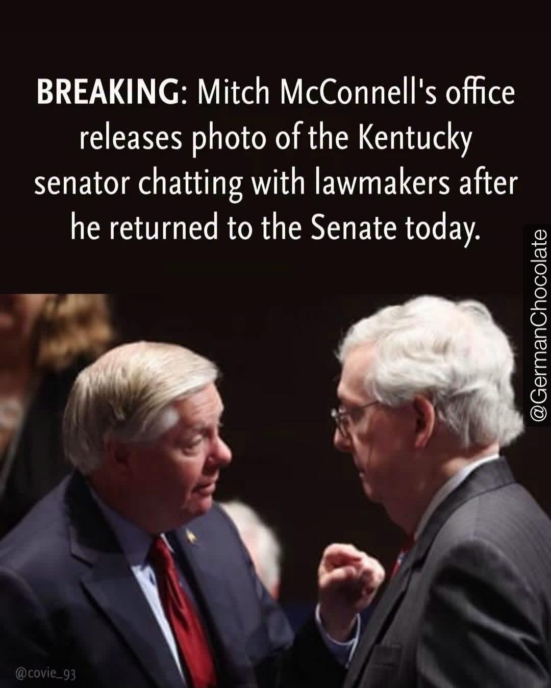 BREAKING: Mitch McConnell's office releases photo of the Kentucky senator chatting with lawmakers after he returned to the Senate today.