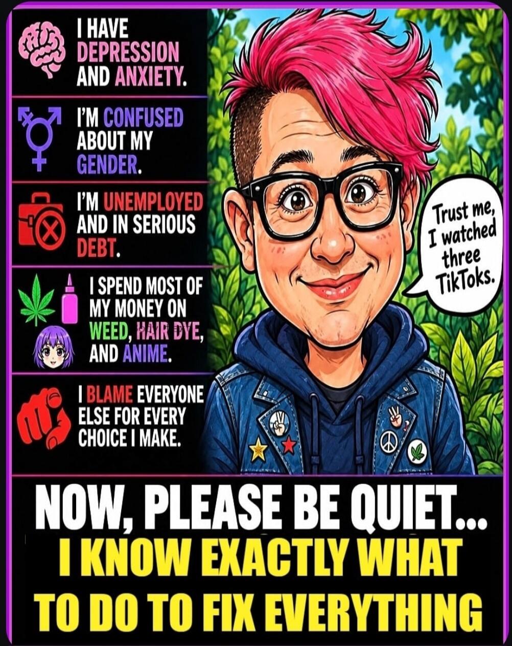 I HAVE DEPRESSION AND ANXIETY. I'M CONFUSED ABOUT MY GENDER. I'M UNEMPLOYED AND IN SERIOUS DEBT. I SPEND MOST OF MY MONEY ON WEED, HAIR DYE, AND ANIME. I BLAME EVERYONE ELSE FOR EVERY CHOICE I MAKE. Trust me, I watched three TikToks. NOW, PLEASE BE QUIET... I KNOW EXACTLY WHAT TO DO TO FIX EVERYTHING