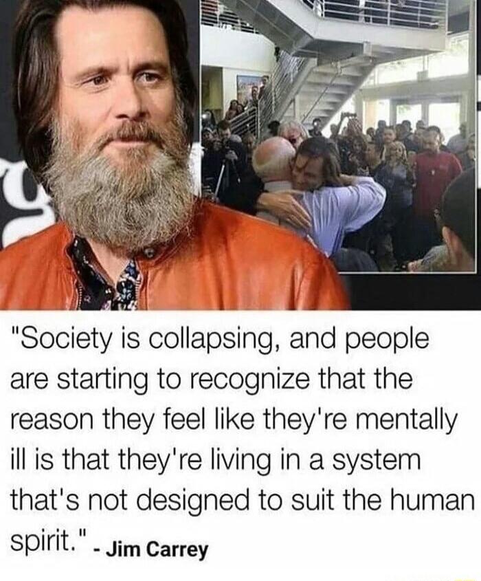 _ 00 1 1 Society is collapsing and people are starting to recognize that the reason they feel like theyre mentally illis that theyre living in a system thats not designed to suit the human Spiritll Jim Carrey