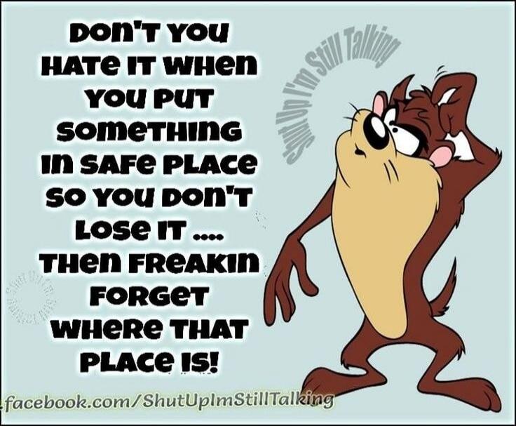 DON'T YOU HATE IT WHEN YOU PUT SOMETHING IN SAFE PLACE SO YOU DON'T LOSE IT .... THEN FREAKIN FORGET WHERE THAT PLACE IS! Shut Up I'm Still Talking