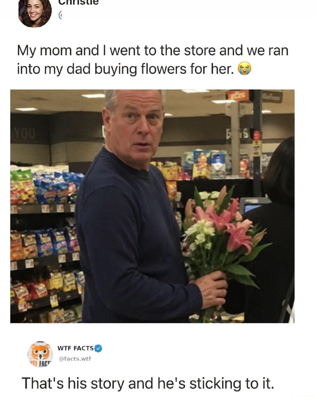 Christie My mom and I went to the store and we ran into my dad buying flowers for her. 😭 WTF FACTS @facts.wtf That's his story and he's sticking to it.