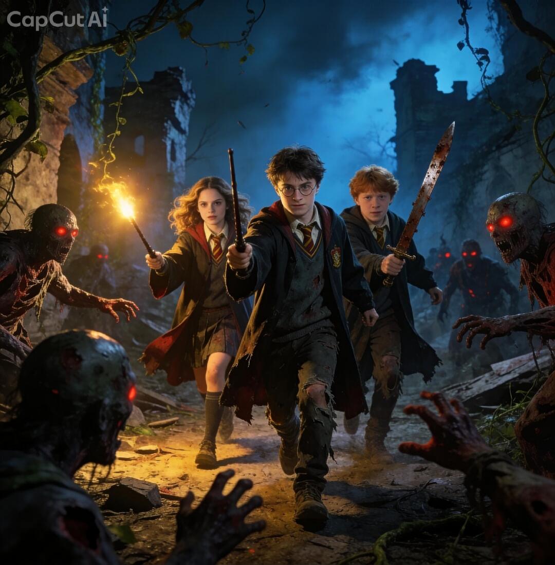 CapCut Ai. Harry Potter, Hermione Granger, and Ron Weasley are fighting off a horde of zombies in a dark, ruined environment. Harry and Hermione are wielding wands, while Ron holds a sword. The zombies have glowing red eyes.