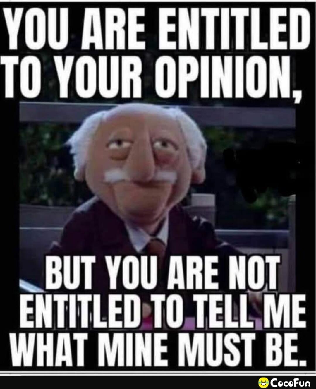 YOU ARE ENTITLED TO YOUR OPINION, BUT YOU ARE NOT ENTITLED TO TELL ME WHAT MINE MUST BE.