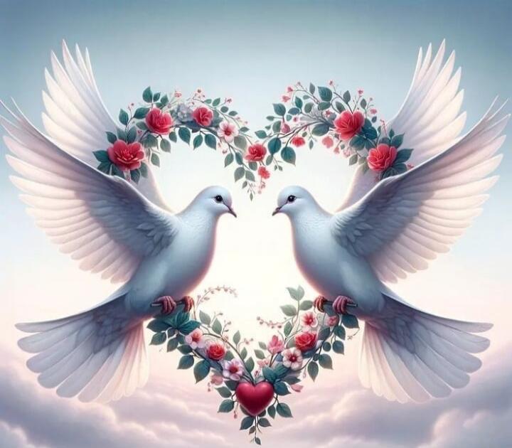 Two doves with a heart made of flowers.
