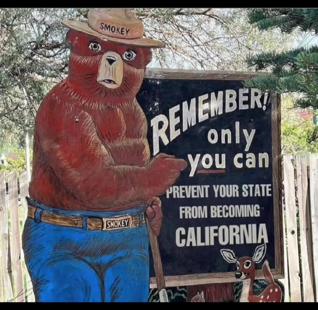 SMOKEY REMEMBER! only you can PREVENT YOUR STATE FROM BECOMING CALIFORNIA