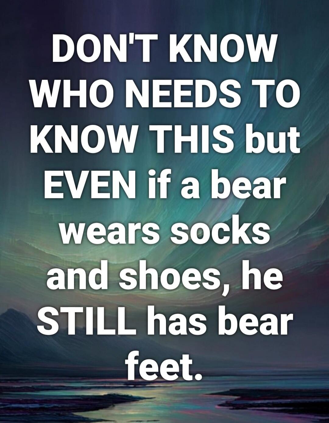 DON'T KNOW WHO NEEDS TO KNOW THIS but EVEN if a bear wears socks and shoes, he STILL has bear feet.