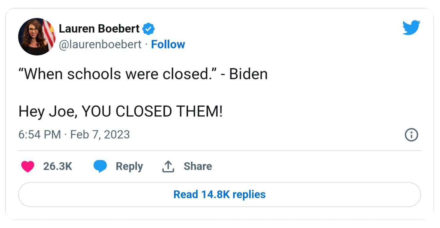 When schools were closed Biden Hey Joe YOU CLOSED THEM 654PM Feb72023 263K Reply 2 Share Read 148K replies