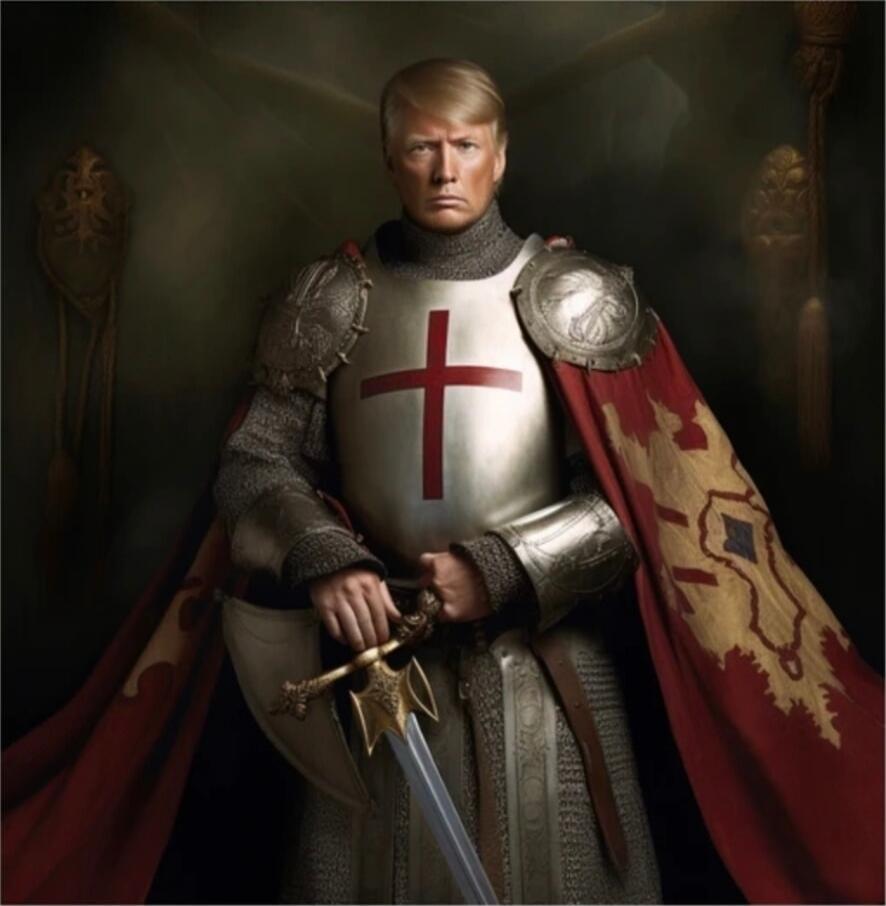Image of Donald Trump dressed as a medieval knight, wearing armor with a red cross on the chest and a red cape, holding a sword.