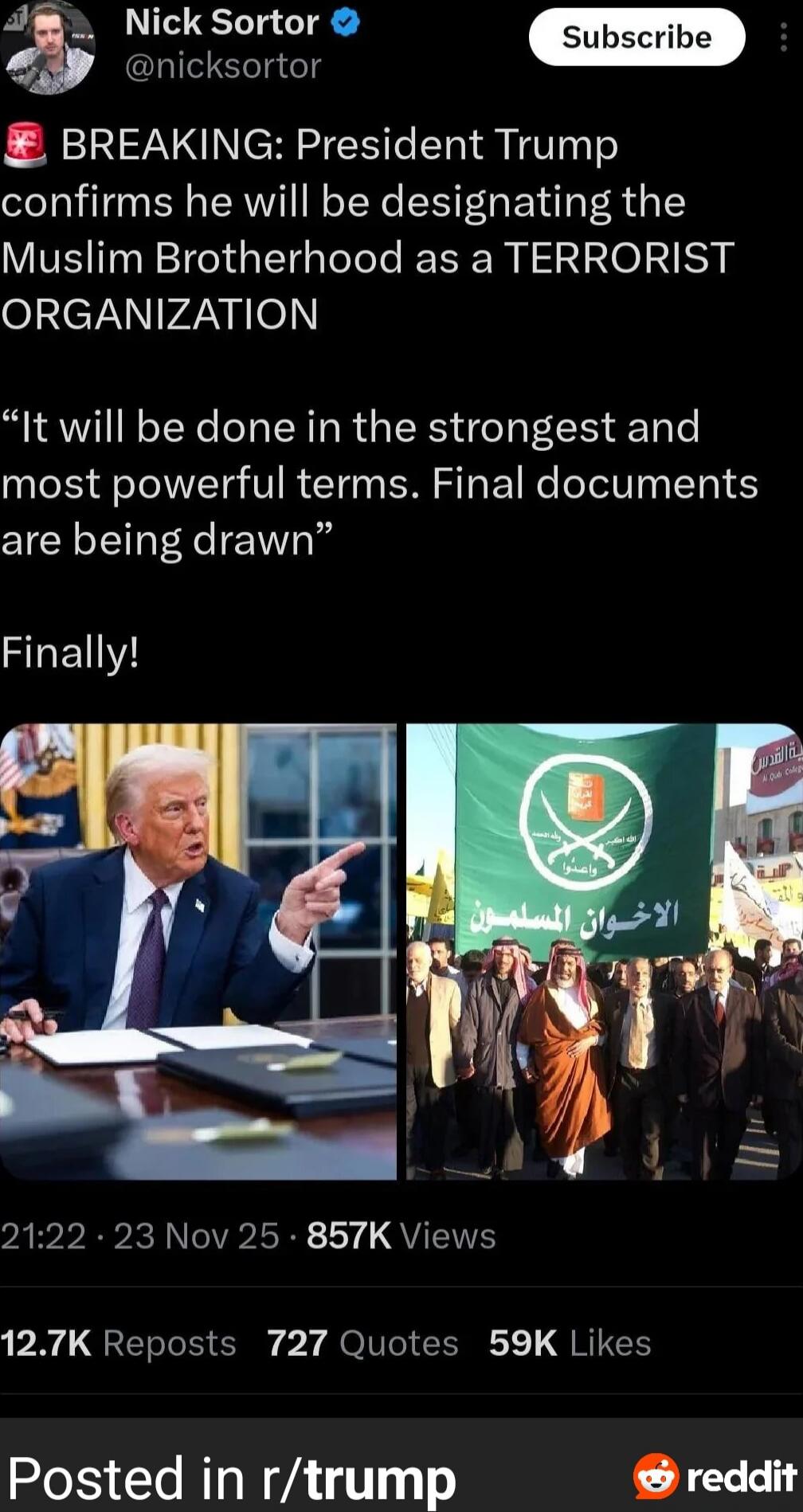 BREAKING: President Trump confirms he will be designating the Muslim Brotherhood as a TERRORIST ORGANIZATION

