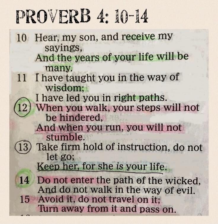 PROVERB 4: 10-14
10 Hear, my son, and receive my sayings,
And the years of your life will be many.
11 I have taught you in the way of wisdom;
I have led you in right paths.
12 When you walk, your steps will not be hindered,
And when you run, you will not stumble.
13 Take firm hold of instruction, do not let go;
Keep her, for she is your life.
14 Do