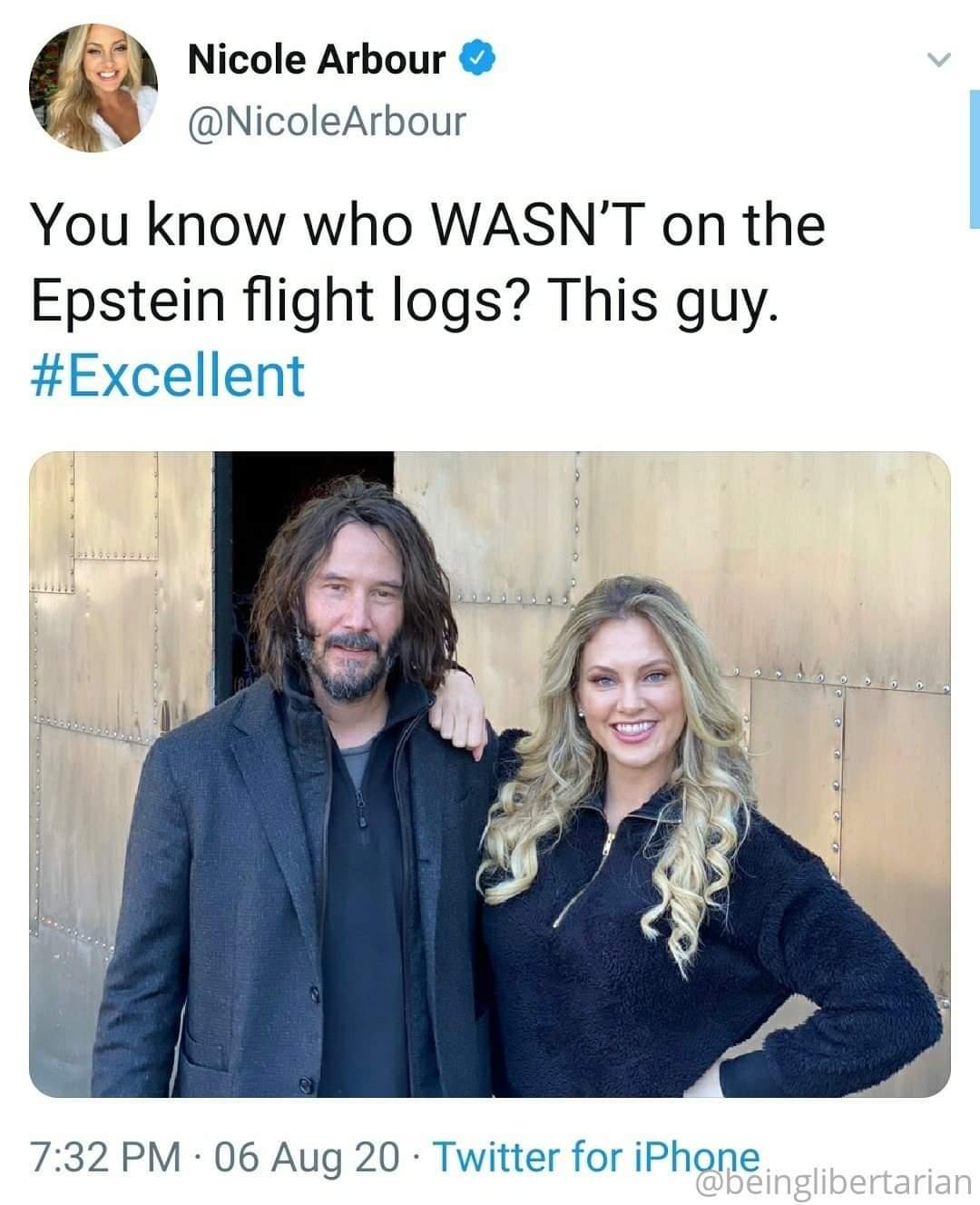 Nicole Arbour VMRS NicoleArbour You know who WASNT on the Epstein flight logs This guy Excellent 732 PM 06 Aug 20 Twitter for iPhaone