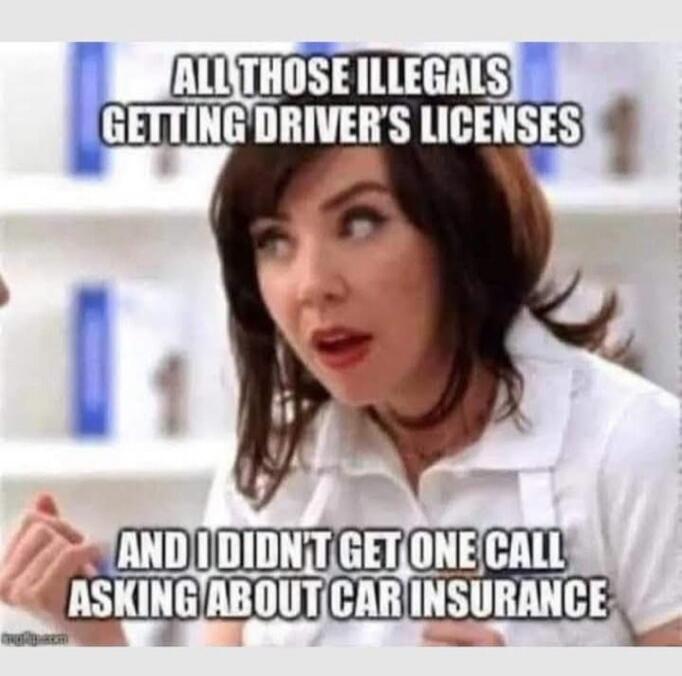 ALL THOSE ILLEGALS GETTING DRIVER'S LICENSES AND I DIDN'T GET ONE CALL ASKING ABOUT CAR INSURANCE