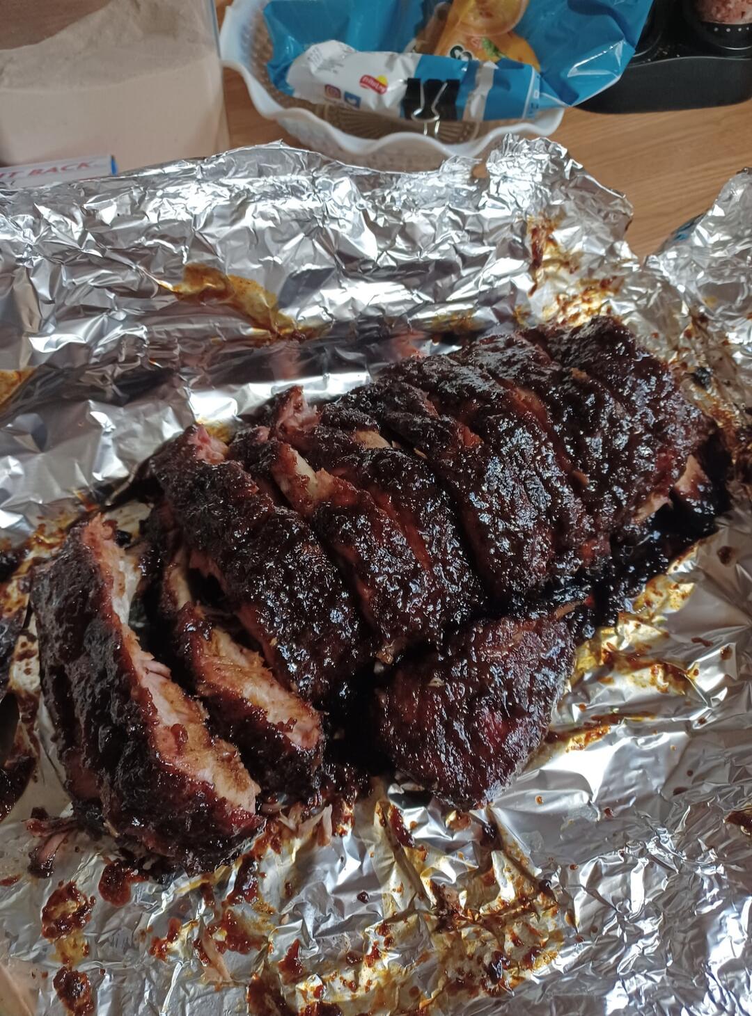 Barbecue ribs on aluminum foil