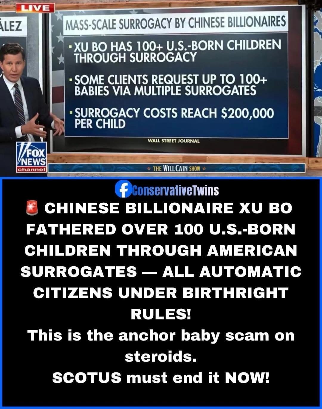 LIVE. MASS-SCALE SURROGACY BY CHINESE BILLIONAIRES. Xu Bo has 100+ U.S.-born children through surrogacy. Some clients request up to 100+ babies via multiple surrogates. Surrogacy costs reach $200,000 per child. WALL STREET JOURNAL. FOX NEWS channel. THE WILL CAIN SHOW. CHINESE BILLIONAIRE XU BO FATHERED OVER 100 U.S.-BORN CHILDREN THROUGH AMERICAN 