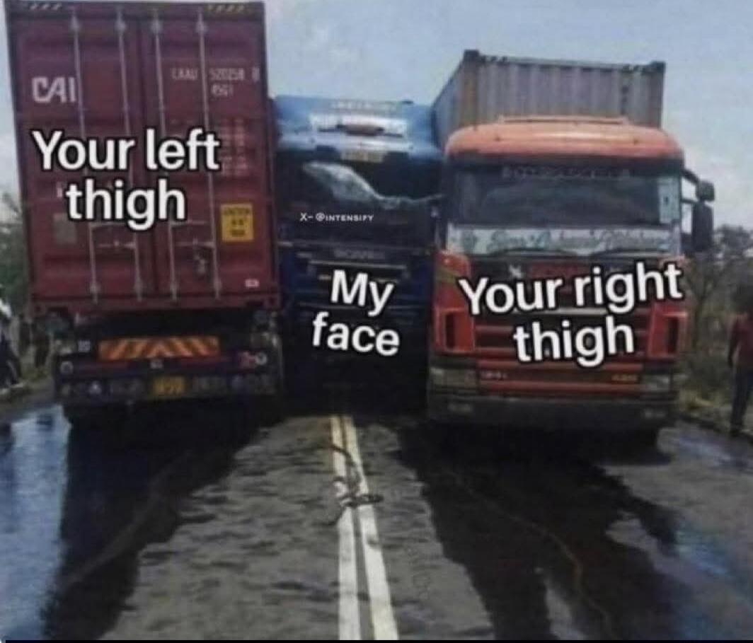 Your left thigh
My face
Your right thigh