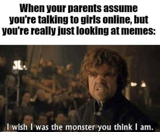 When your parents assume youre talking to girls online but youre really just looking at memes Iwish was the monsteryou think am