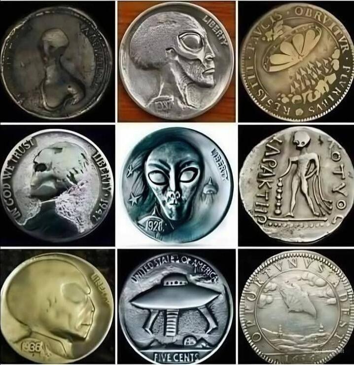A collage of 12 coins featuring various designs, including humanoid/alien portraits and different inscriptions such as LIBERTY, UNITED STATES OF AMERICA, IN GOD WE TRUST, FIVE CENTS, and other edge inscriptions. The designs appear to be a mix of realistic and fantastical coin art, some resembling U.S. coin motifs and others depicting non-human figu