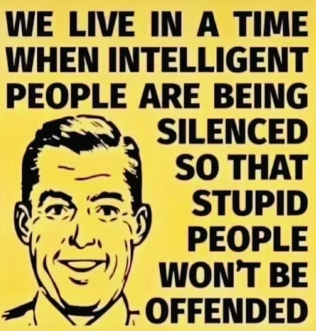 WE LIVE IN A TIME WHEN INTELLIGENT PEOPLE ARE BEING SILENCED SO THAT STUPID PEOPLE WON'T BE OFFENDED