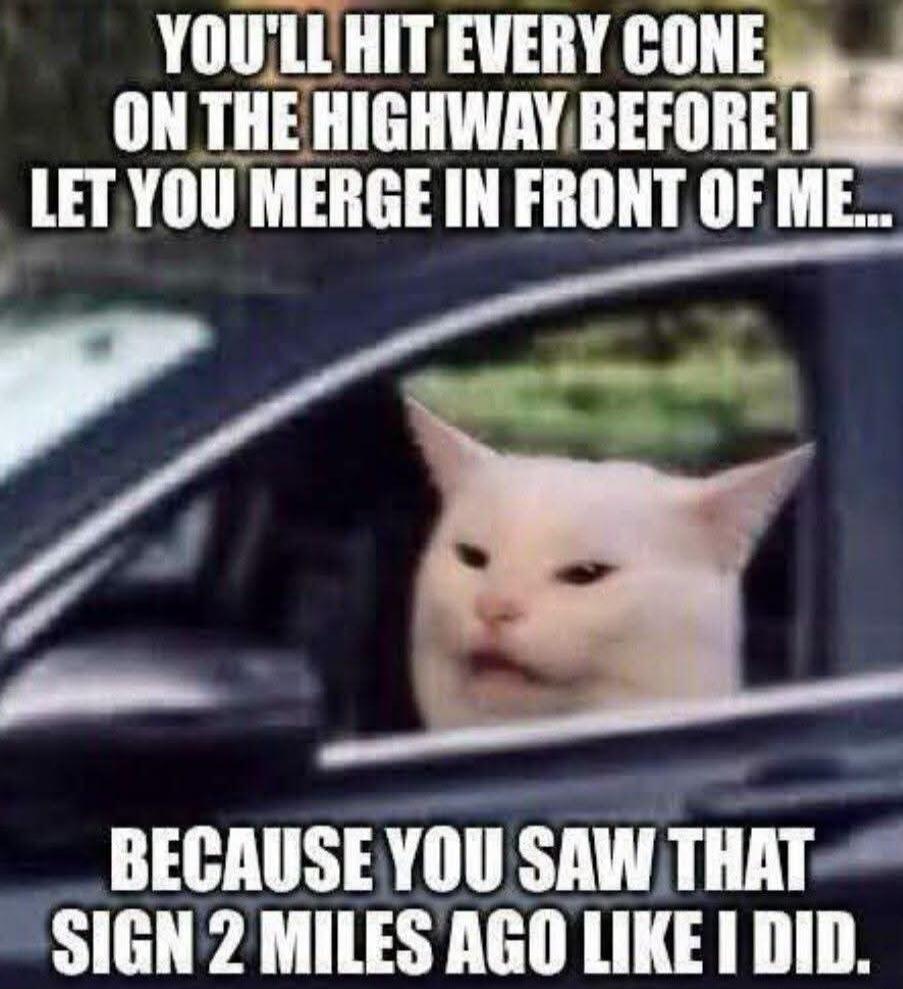 YOU'LL HIT EVERY CONE ON THE HIGHWAY BEFORE I LET YOU MERGE IN FRONT OF ME... BECAUSE YOU SAW THAT SIGN 2 MILES AGO LIKE I DID.