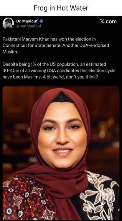Frog in Hot Water. Dr. Maalouf @realMaalouf X.com. Pakistani Maryam Khan has won the election in Connecticut for State Senate. Another DSA-endorsed Muslim. Despite being 1% of the US population, an estimated 30-40% of all winning DSA candidates this election cycle have been Muslims. A bit weird, don't you think?