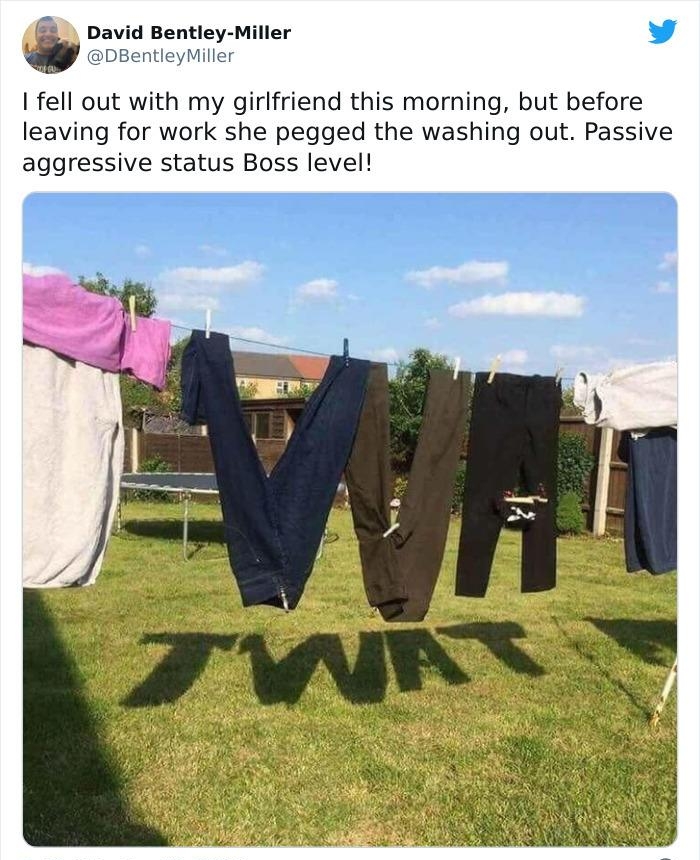 David Bentley Miller DBentleyMiller fell out with my girlfriend this morning but before leaving for work she pegged the washing out Passive aggressive status Boss level