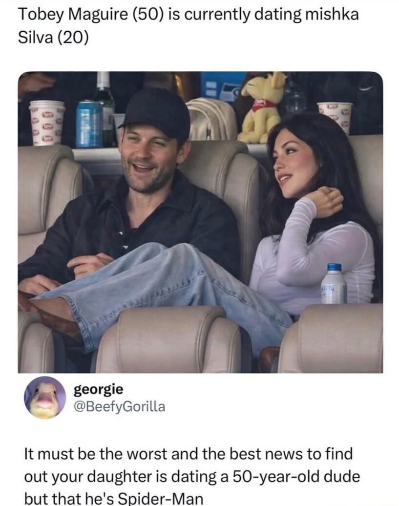 Tobey Maguire (50) is currently dating mishka Silva (20). georgie @BeefyGorilla. It must be the worst and the best news to find out your daughter is dating a 50-year-old dude but that he's Spider-Man.