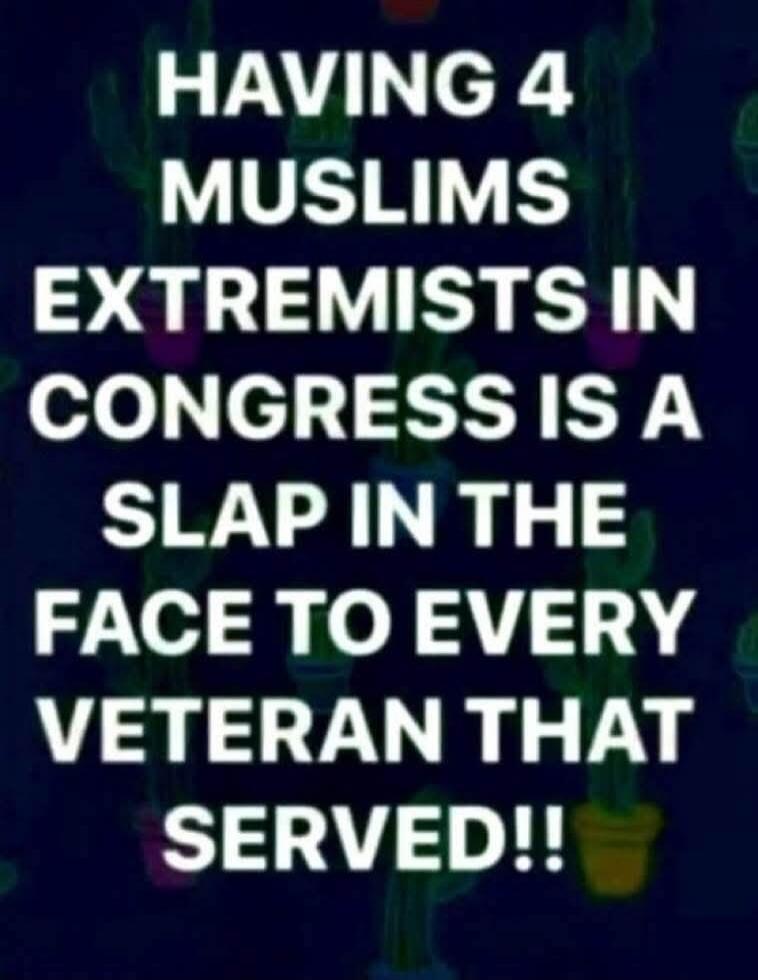 HAVING 4 MUSLIMS EXTREMISTS IN CONGRESS IS A SLAP IN THE FACE TO EVERY VETERAN THAT SERVED!!
