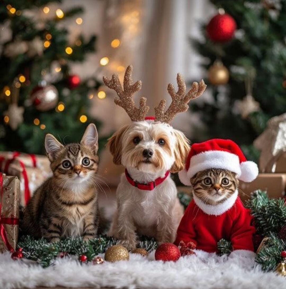 Three pets (a cat, a dog with antlers, and a kitten in a Santa hat) sit among Christmas decorations.